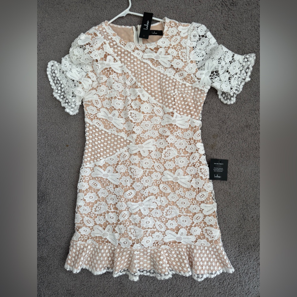 White and Tan Lace Dress